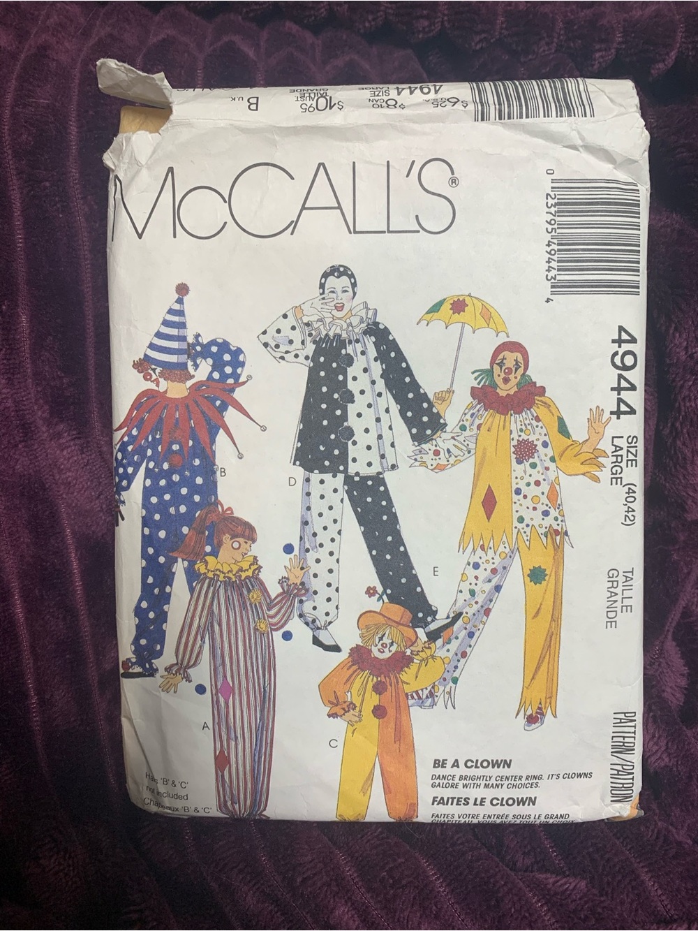 Vintage McCall's 4944 from 1990 Clown Costume Pattern. New; hasn’t been cut